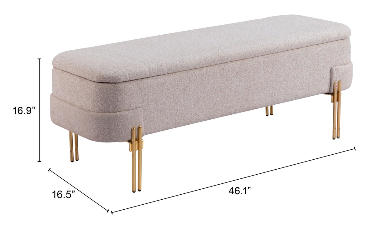 BANCA CON ALMACENAMIENTO TAPIZADA BEIGE CON BASE DORADA MODERNA