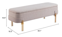 BANCA CON ALMACENAMIENTO TAPIZADA BEIGE CON BASE DORADA MODERNA