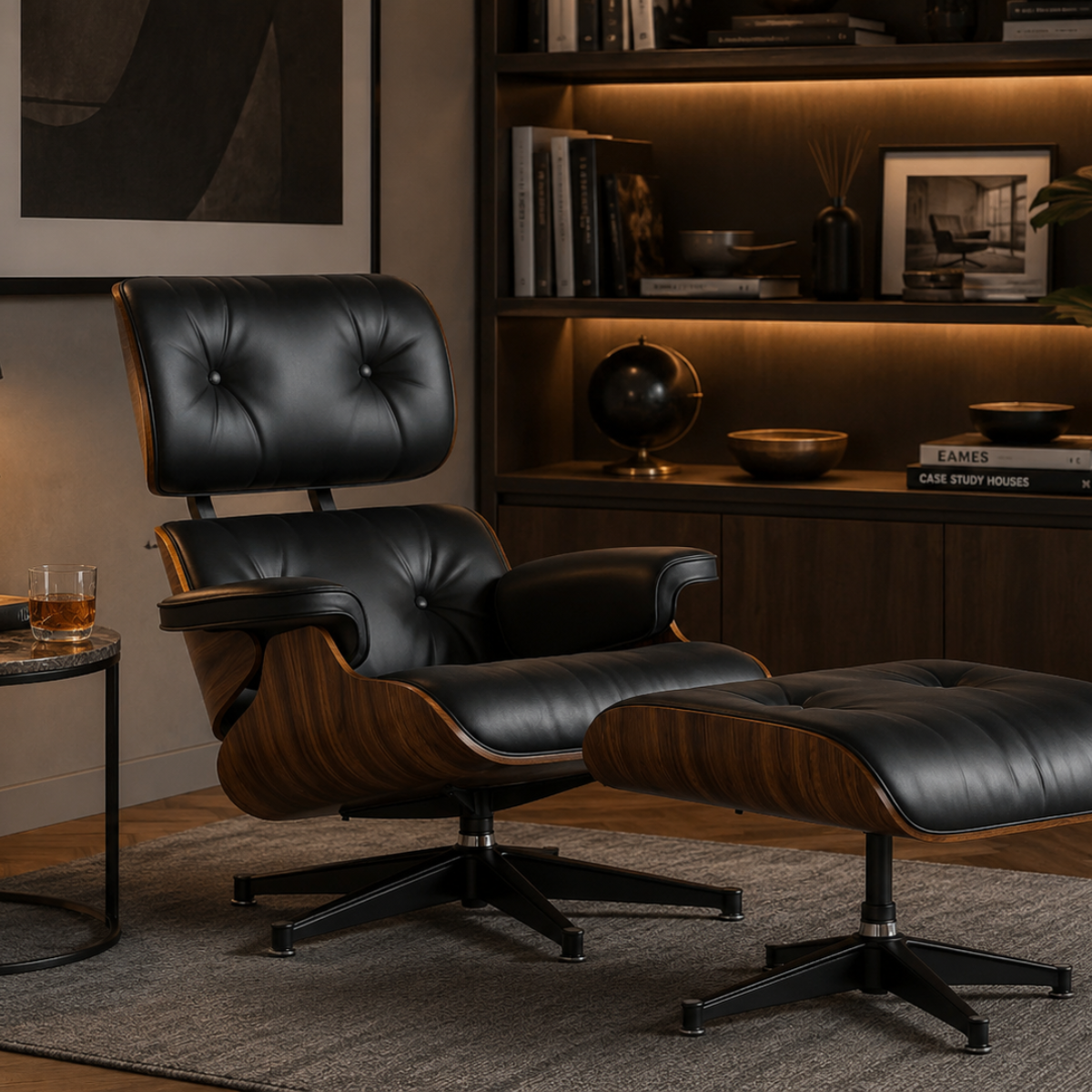 Sillón Lounge Victoriano Negro con Descansapiés, Tapizado en PU y Madera Nogal, Sillón Individual para Sala, Oficina o Lectura, Diseño Elegante y Cómodo