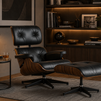 Sillón Lounge Victoriano Negro con Descansapiés, Tapizado en PU y Madera Nogal, Sillón Individual para Sala, Oficina o Lectura, Diseño Elegante y Cómodo