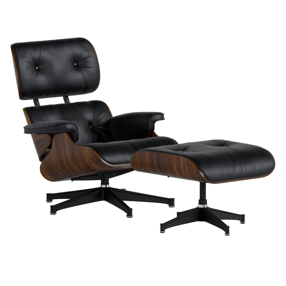 Sillón Lounge Victoriano Negro con Descansapiés, Tapizado en PU y Madera Nogal, Sillón Individual para Sala, Oficina o Lectura, Diseño Elegante y Cómodo