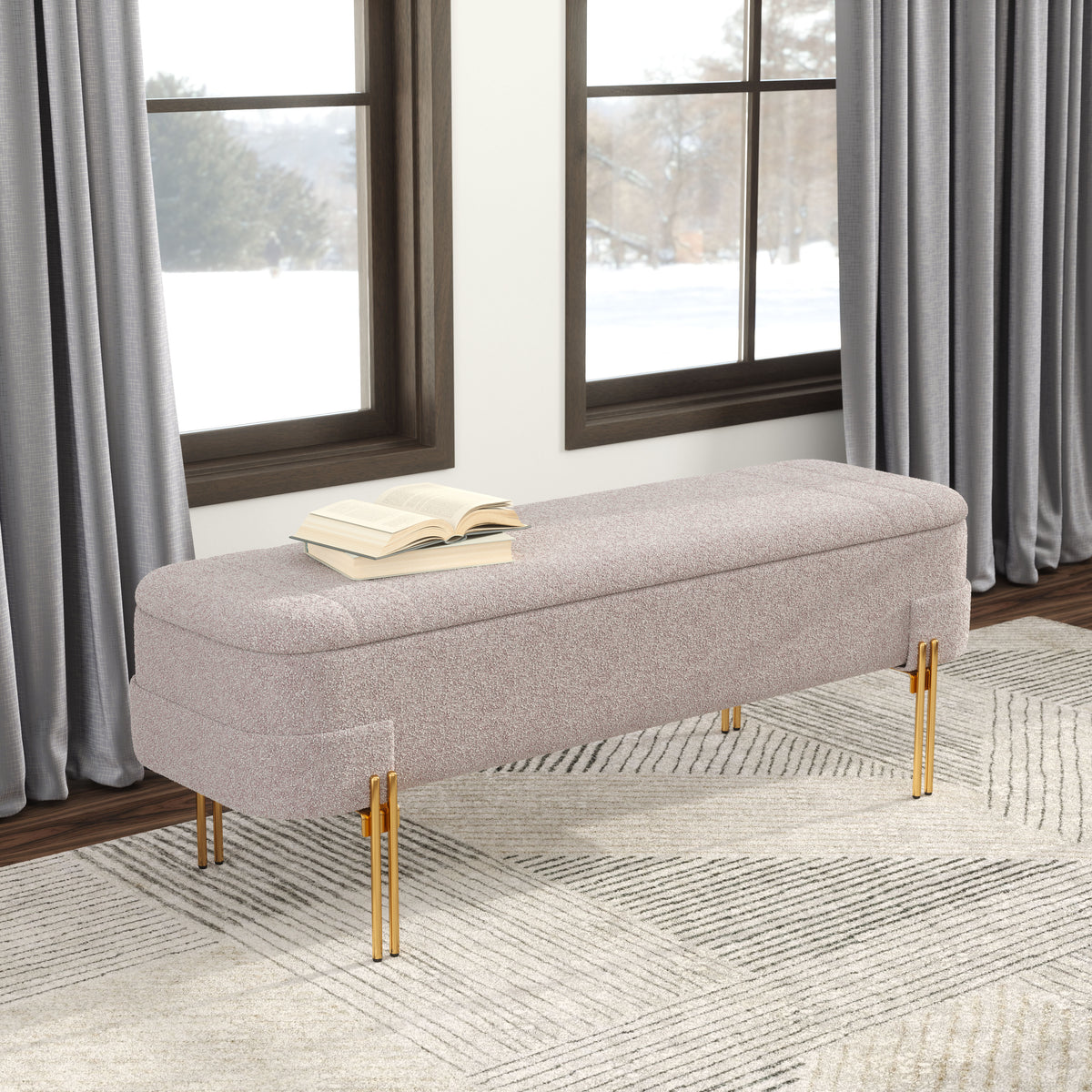 BANCA CON ALMACENAMIENTO TAPIZADA BEIGE CON BASE DORADA MODERNA