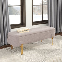 BANCA CON ALMACENAMIENTO TAPIZADA BEIGE CON BASE DORADA MODERNA