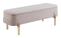 BANCA CON ALMACENAMIENTO TAPIZADA BEIGE CON BASE DORADA MODERNA