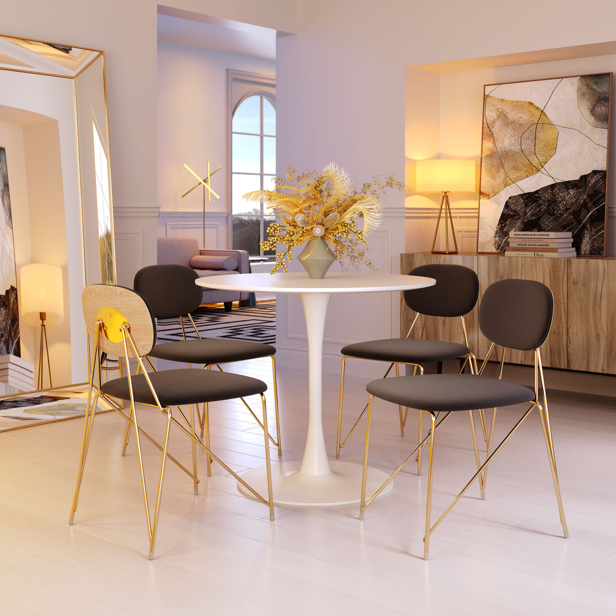 SILLA DE COMEDOR GRIS CON BASE DORADA MID-CENTURY