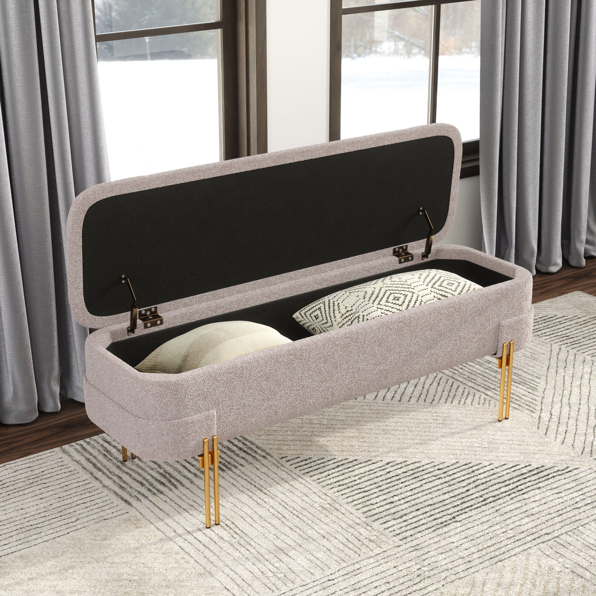 BANCA CON ALMACENAMIENTO TAPIZADA BEIGE CON BASE DORADA MODERNA