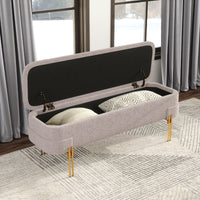 BANCA CON ALMACENAMIENTO TAPIZADA BEIGE CON BASE DORADA MODERNA
