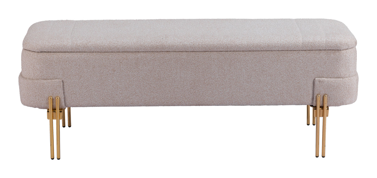 BANCA CON ALMACENAMIENTO TAPIZADA BEIGE CON BASE DORADA MODERNA