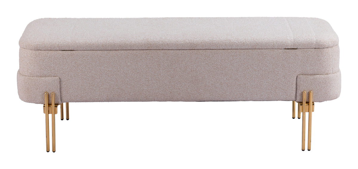 BANCA CON ALMACENAMIENTO TAPIZADA BEIGE CON BASE DORADA MODERNA