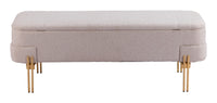 BANCA CON ALMACENAMIENTO TAPIZADA BEIGE CON BASE DORADA MODERNA