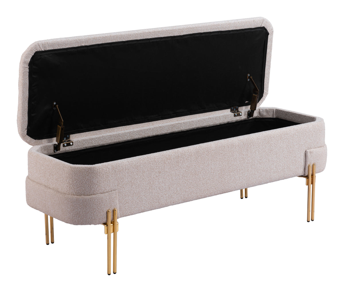 BANCA CON ALMACENAMIENTO TAPIZADA BEIGE CON BASE DORADA MODERNA