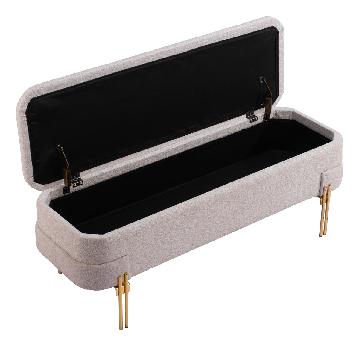 BANCA CON ALMACENAMIENTO TAPIZADA BEIGE CON BASE DORADA MODERNA